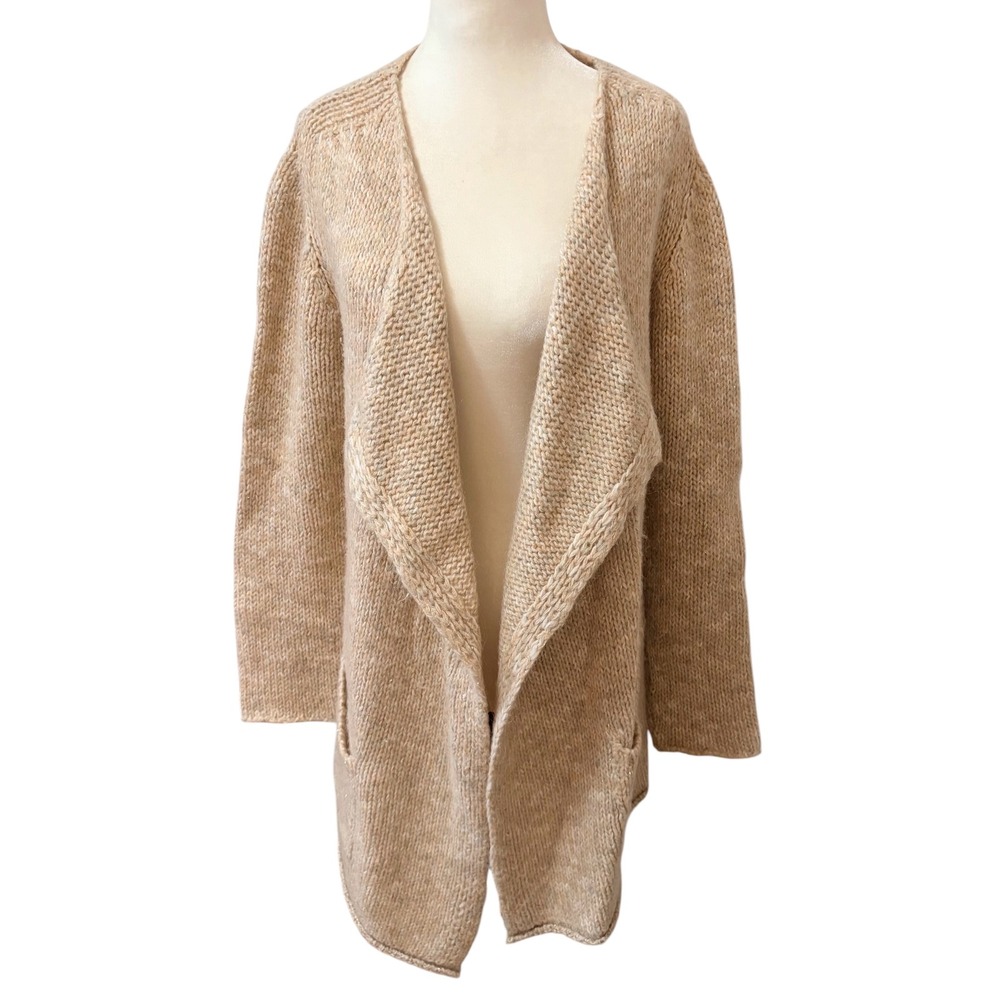 Kenar Beige Metallic Knit Medium Open Front Draped Cardigan Sweater Sweater